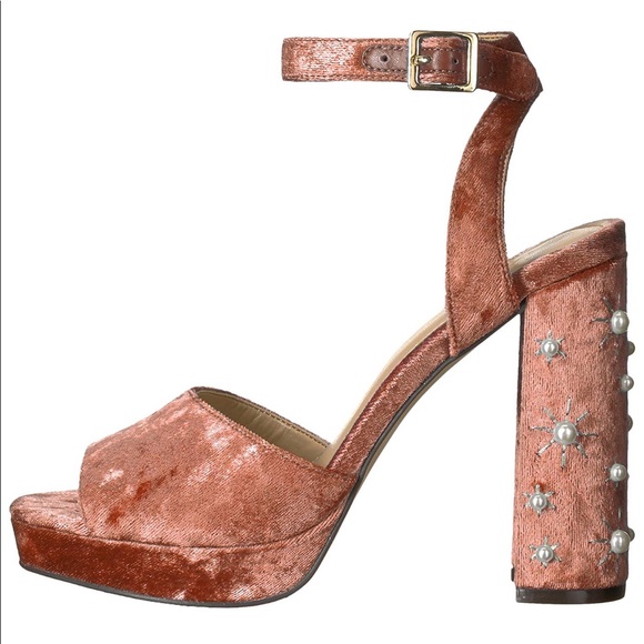 Velvet Pink Pearl Block High Heel Platform Sandal - Picture 6 of 6
